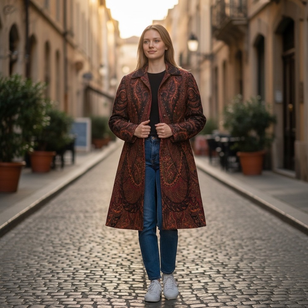 Unbranded Paisley Tapestry Coat Women Small Rust Red Vintage Style Button Front